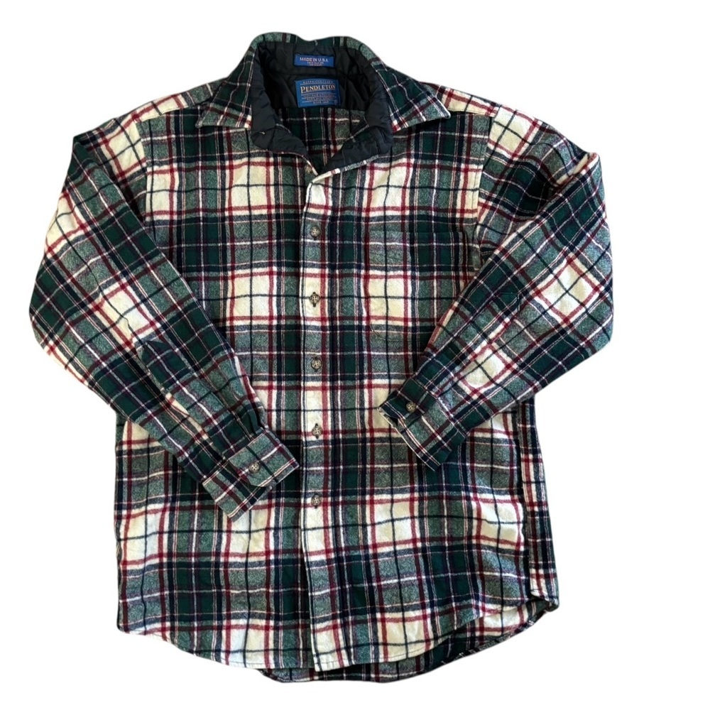 VTG Pendleton Wool Plaid Button Down Shirt Sz M Green Red Ivory Chest Pocket